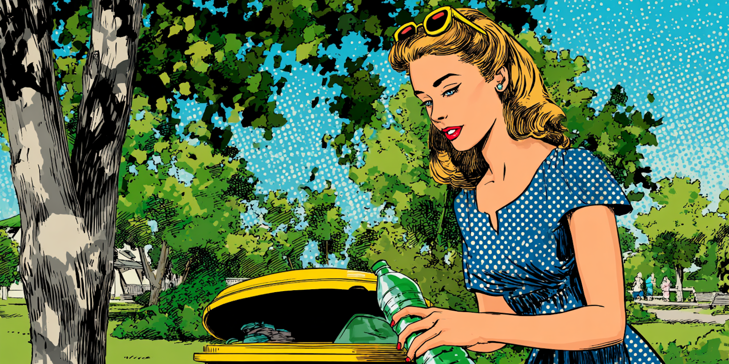 Woman recycling plastic bottle, Roy Lichtenstein style cartoon